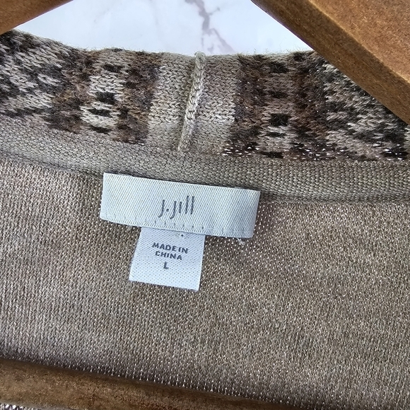 J Jill Cardigan Womens Large Brown Sweater Waterfall Geometric Striped Open Isle - Picture 3 of 12